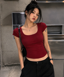 スリムフィットスクエアネックTシャツ[レッド]