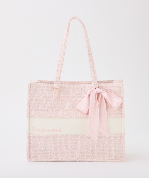 one after another NICE CLAUP（ワンアフターアナザーナイスクラップ）の「【LouLoumei】リボンチャームツイードトートバッグ（トートバッグ・レディース・ブラック/ピンクベージュ/アイボリー/ピンク・FREE）」の3枚目の写真