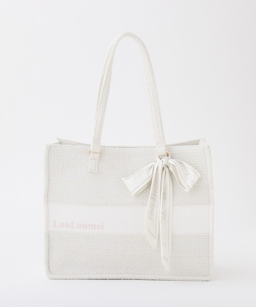 one after another NICE CLAUP（ワンアフターアナザーナイスクラップ）の「【LouLoumei】リボンチャームツイードトートバッグ（トートバッグ・レディース・ブラック/ピンクベージュ/アイボリー/ピンク・FREE）」の2枚目の写真