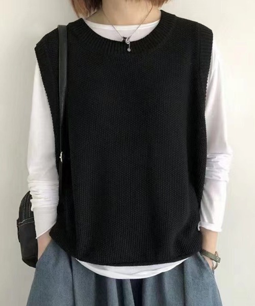 SallyLunn(サリーラン)の「クルーネックベーシックニットベスト(ベスト・レディース・アイボリー/グレー/ブラウン/ベージュ/ブラック・FREE)」の3枚目の写真