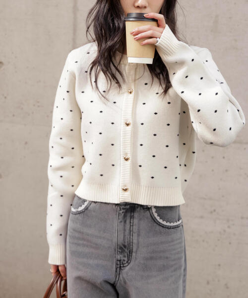 FREE'S MART（フリーズマート）の「◆ハートボタンドット柄カーディガン（ニット/セーター・レディース・グレー/ホワイト/ネイビー・FREE）」の14枚目の写真