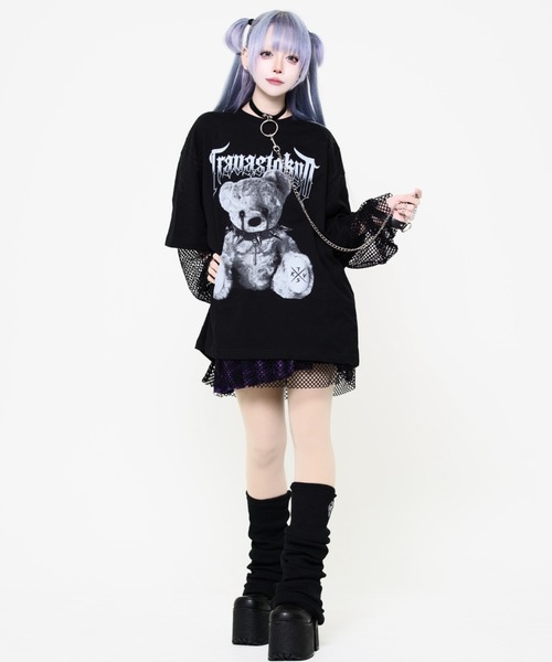 TRAVAS TOKYO(トラバス トウキョウ)の「『TRAVAS TOKYO/トラバス トーキョー』メッシュレイヤードくまプリントTシャツ(Tシャツ/カットソー・レディース・ブラック×ホワイト/ブラック・FREE)」の7枚目の写真