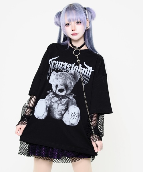 TRAVAS TOKYO(トラバス トウキョウ)の「『TRAVAS TOKYO/トラバス トーキョー』メッシュレイヤードくまプリントTシャツ(Tシャツ/カットソー・レディース・ブラック×ホワイト/ブラック・FREE)」の3枚目の写真