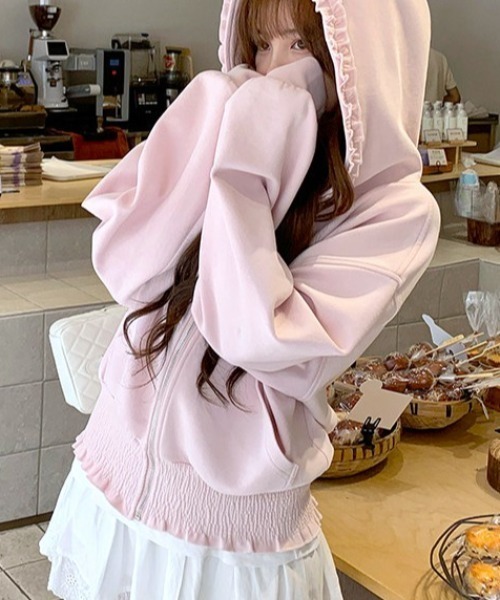 Vipoa(ヴィポア)の「Loose frill zip up hoodie(パーカー・レディース・ベビーピンク/ライトグレー・FREE)」の2枚目の写真