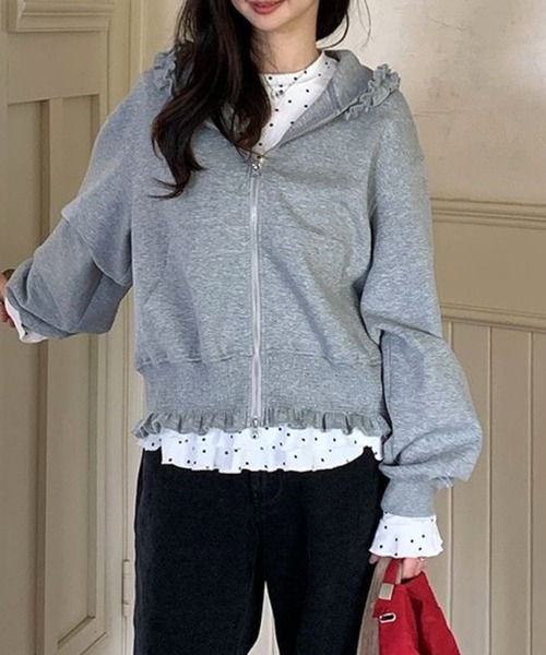 Vipoa(ヴィポア)の「Loose frill zip up hoodie(パーカー・レディース・ベビーピンク/ライトグレー・FREE)」の6枚目の写真
