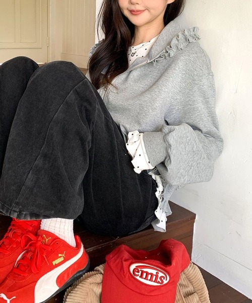 Vipoa(ヴィポア)の「Loose frill zip up hoodie(パーカー・レディース・ベビーピンク/ライトグレー・FREE)」の8枚目の写真