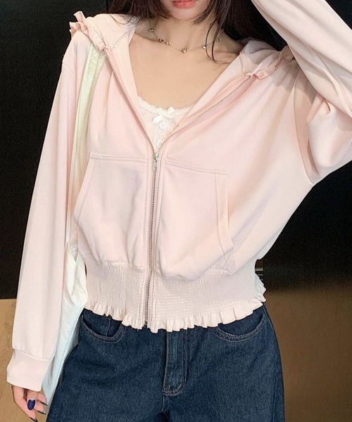 Vipoa(ヴィポア)の「Loose frill zip up hoodie(パーカー・レディース・ベビーピンク/ライトグレー・FREE)」の11枚目の写真