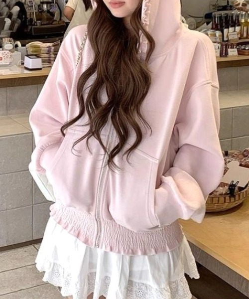 Vipoa(ヴィポア)の「Loose frill zip up hoodie(パーカー・レディース・ベビーピンク/ライトグレー・FREE)」の15枚目の写真