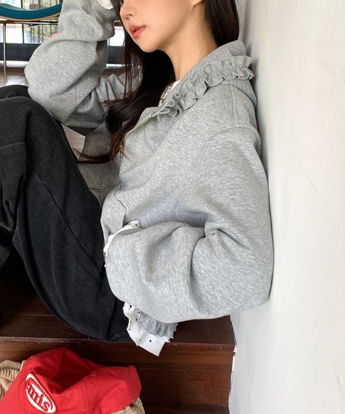 Vipoa(ヴィポア)の「Loose frill zip up hoodie(パーカー・レディース・ベビーピンク/ライトグレー・FREE)」の10枚目の写真
