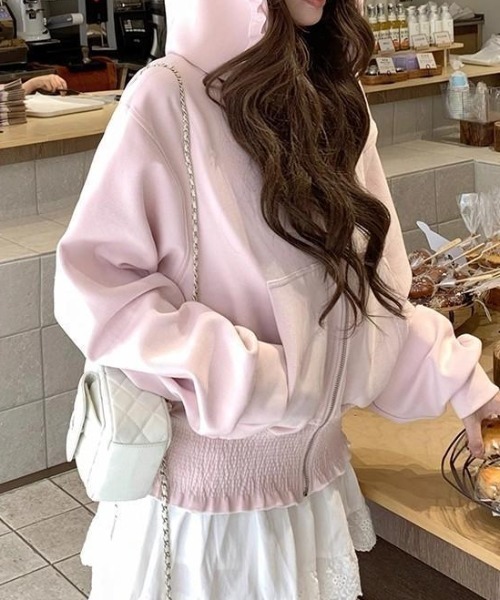 Vipoa(ヴィポア)の「Loose frill zip up hoodie(パーカー・レディース・ベビーピンク/ライトグレー・FREE)」の19枚目の写真