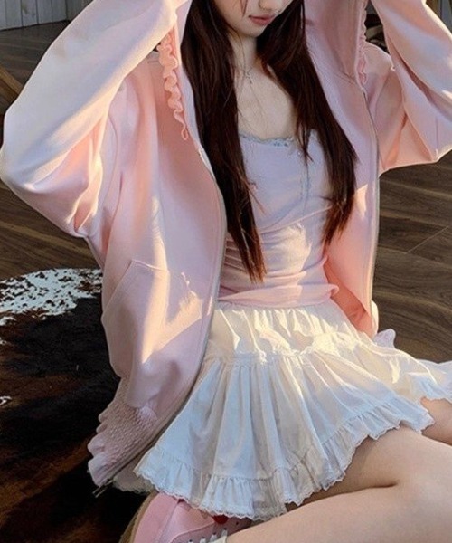 Vipoa(ヴィポア)の「Loose frill zip up hoodie(パーカー・レディース・ベビーピンク/ライトグレー・FREE)」の22枚目の写真