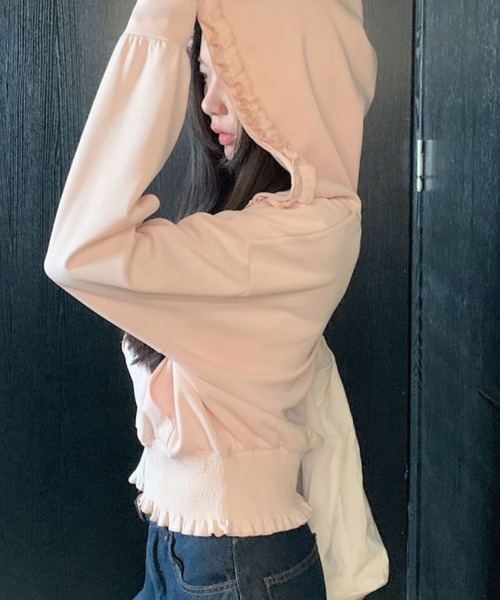 Vipoa(ヴィポア)の「Loose frill zip up hoodie(パーカー・レディース・ベビーピンク/ライトグレー・FREE)」の13枚目の写真