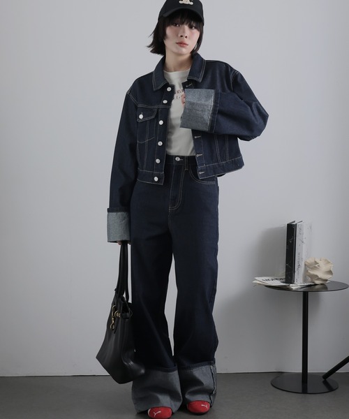 セール】【セットアップ】折り返しデザインデニムジャケット＆パンツ