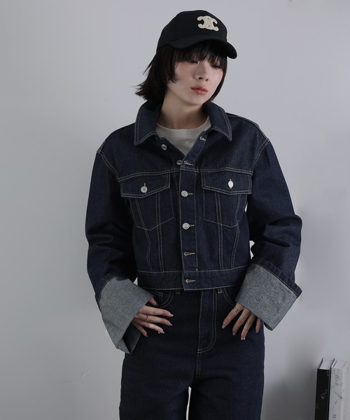 セール】【セットアップ】折り返しデザインデニムジャケット＆パンツ