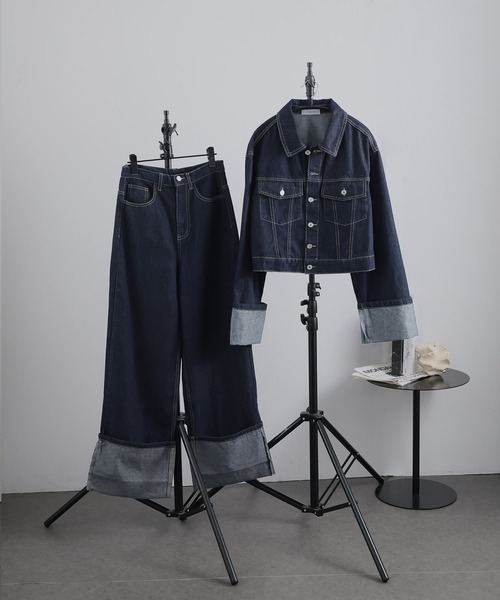 セール】【セットアップ】折り返しデザインデニムジャケット＆パンツ