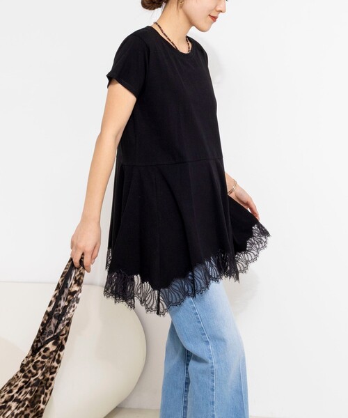NOLLEY’S(ノーリーズ)の「【WEB限定】ウォッシャブルヘムレースカットソー(Tシャツ/カットソー・レディース・ブラック/オフホワイト・FREE)」の1枚目の写真