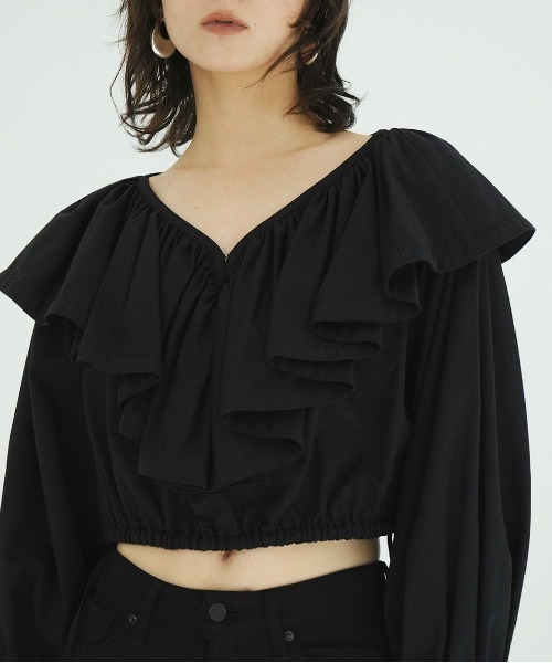 CLANE クラネ★半袖ブラウス 袖フリル リボン結び ブラック 黒 モード FRILL COLLAR SHORT BLOUSE｜TOPS(トップス)｜CLANE OFFICIAL ONLINE STORE