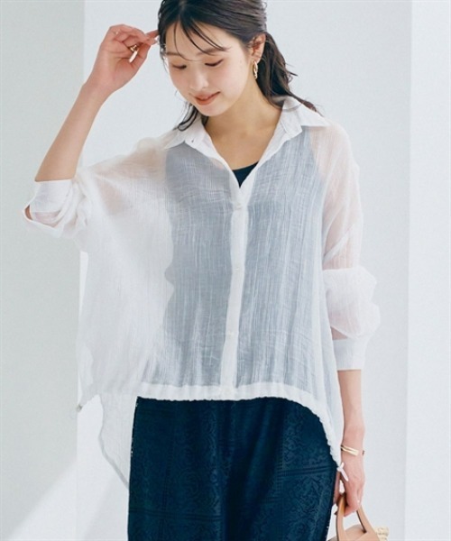 nissen(ニッセン)の「シアーワッシャーフロントドロストシャツ(シャツ/ブラウス・レディース・ブルー/オフホワイト・LL/S/M/L)」の1枚目の写真