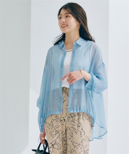 nissen(ニッセン)の「シアーワッシャーフロントドロストシャツ(シャツ/ブラウス・レディース・ブルー/オフホワイト・LL/S/M/L)」の2枚目の写真