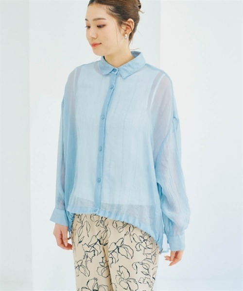 nissen(ニッセン)の「シアーワッシャーフロントドロストシャツ(シャツ/ブラウス・レディース・ブルー/オフホワイト・LL/S/M/L)」の3枚目の写真