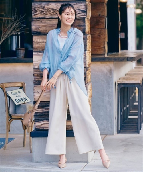 nissen(ニッセン)の「シアーワッシャーフロントドロストシャツ(シャツ/ブラウス・レディース・ブルー/オフホワイト・LL/S/M/L)」の7枚目の写真