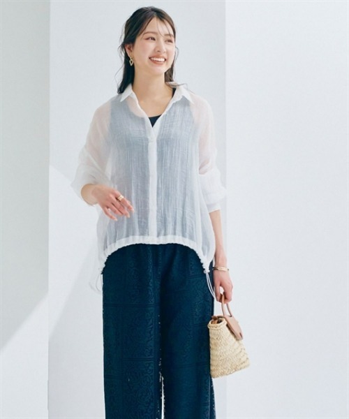 nissen(ニッセン)の「シアーワッシャーフロントドロストシャツ(シャツ/ブラウス・レディース・ブルー/オフホワイト・LL/S/M/L)」の11枚目の写真