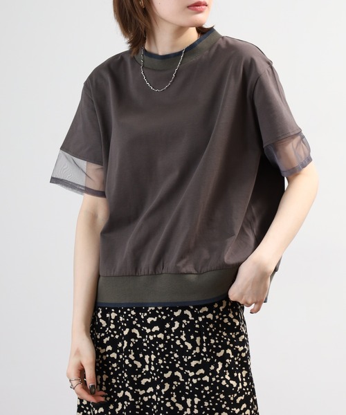 A.N.L(エーエヌエル レーベル)の「A.N.L 配色リブニット シアー切替半袖カットソー(Tシャツ/カットソー・レディース・カーキ/チャコールグレー/ブラック・38)」の1枚目の写真