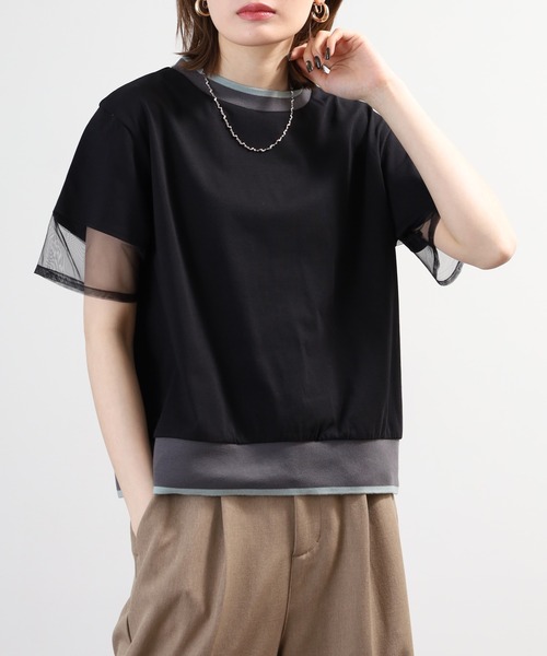 A.N.L(エーエヌエル レーベル)の「A.N.L 配色リブニット シアー切替半袖カットソー(Tシャツ/カットソー・レディース・カーキ/チャコールグレー/ブラック・38)」の2枚目の写真