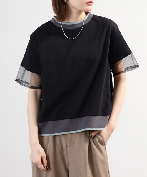 A.N.L(エーエヌエル レーベル)の「A.N.L 配色リブニット シアー切替半袖カットソー(Tシャツ/カットソー・レディース・カーキ/チャコールグレー/ブラック・38)」の12枚目の写真