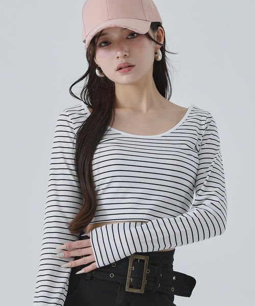 ANAP(アナップ)の「Uネック ベーシック クロップド トップス(Tシャツ/カットソー・レディース・ブラック/ホワイト×ブラック/ホワイト・F)」の20枚目の写真