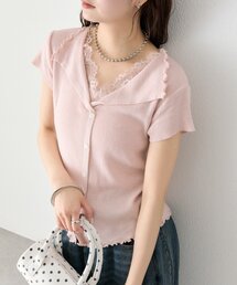 【柔らかリブ素材/5色展開】レースドッキング半袖ニットカーディガン