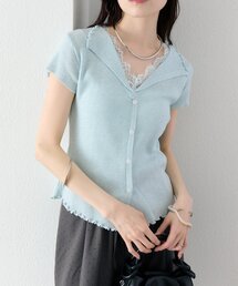 mystic | 【柔らかリブ素材/５色展開】レースドッキング半袖ニットカーディガン(カーディガン/ボレロ)