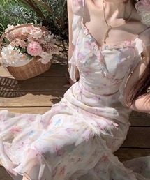 マーメイド風花柄シフォンワンピース