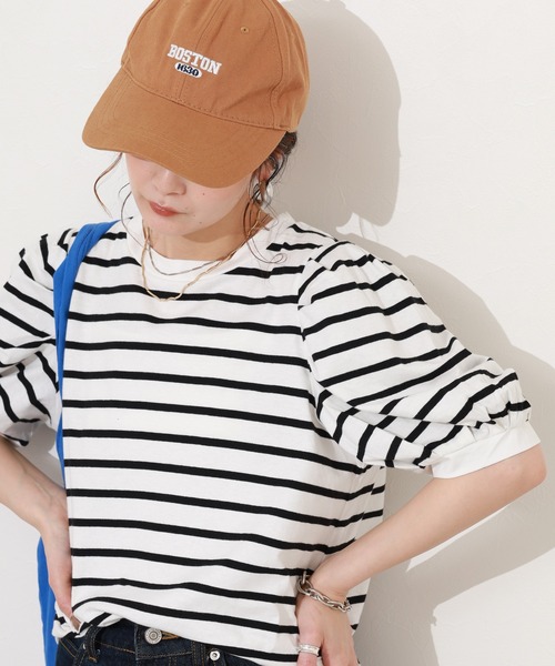 FUNALIVE(ファンアライブ)の「ボーダーパフスリーブトップス 半端袖(Tシャツ/カットソー・レディース・ホワイト×ブラック/ブラック×ホワイト・LL~3L/M~L)」の1枚目の写真