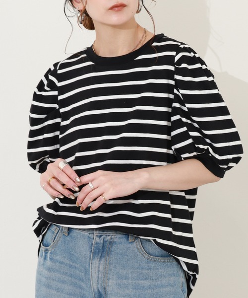 FUNALIVE(ファンアライブ)の「ボーダーパフスリーブトップス 半端袖(Tシャツ/カットソー・レディース・ホワイト×ブラック/ブラック×ホワイト・LL~3L/M~L)」の2枚目の写真
