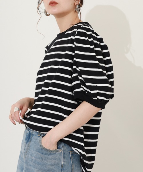 FUNALIVE(ファンアライブ)の「ボーダーパフスリーブトップス 半端袖(Tシャツ/カットソー・レディース・ホワイト×ブラック/ブラック×ホワイト・LL~3L/M~L)」の4枚目の写真