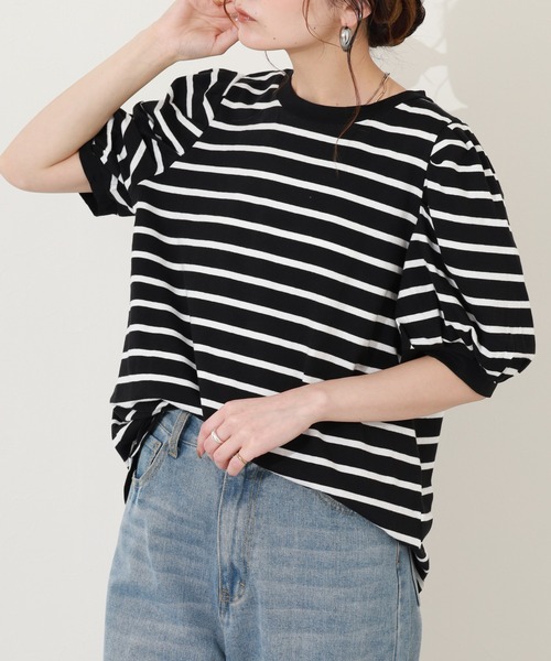 FUNALIVE(ファンアライブ)の「ボーダーパフスリーブトップス 半端袖(Tシャツ/カットソー・レディース・ホワイト×ブラック/ブラック×ホワイト・LL~3L/M~L)」の6枚目の写真