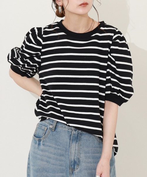 FUNALIVE(ファンアライブ)の「ボーダーパフスリーブトップス 半端袖(Tシャツ/カットソー・レディース・ホワイト×ブラック/ブラック×ホワイト・LL~3L/M~L)」の7枚目の写真