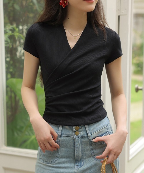 ONEP STAR(ワンピスター)の「カシュクールギャザーカットソー(Tシャツ/カットソー・レディース・グレー/ブラック・LARGE/MEDIUM/X-LARGE)」の2枚目の写真