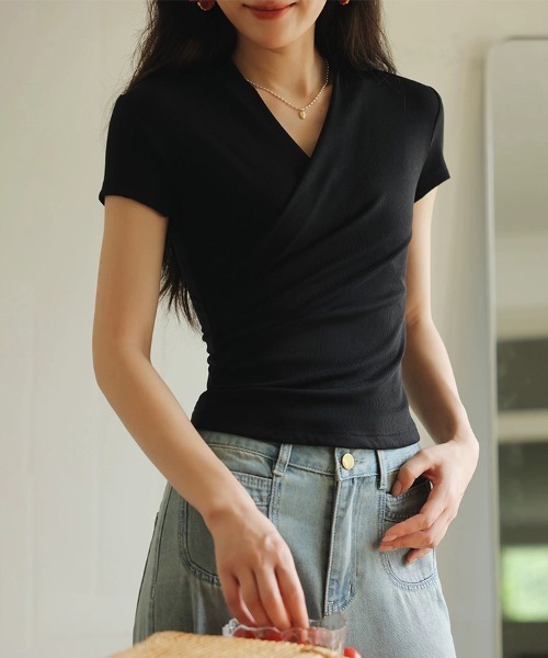 ONEP STAR(ワンピスター)の「カシュクールギャザーカットソー(Tシャツ/カットソー・レディース・グレー/ブラック・LARGE/MEDIUM/X-LARGE)」の3枚目の写真