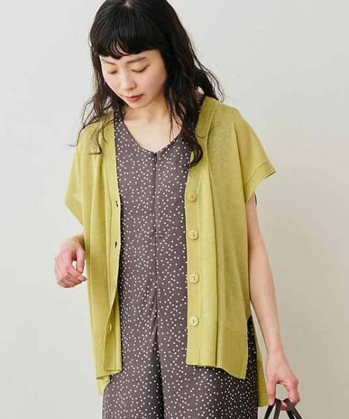Live in comfort(リブインコンフォート)の「リブ イン コンフォート 汗ばむ季節にもさらっと心地よい フレンチスリーブニットカーディガン(カーディガン/ボレロ・レディース・グリーン系その他・L/M/3L/LL/S)」の1枚目の写真