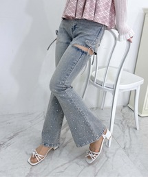 サイドリボンビジュー付フレアデニムパンツ