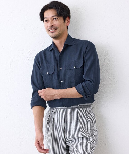 S.ESSENTIALS(エスエッセンシャルズ)の「リネンワンピースカラーシャツ(シャツ/ブラウス・メンズ・ダークネイビー・40/41)」の1枚目の写真