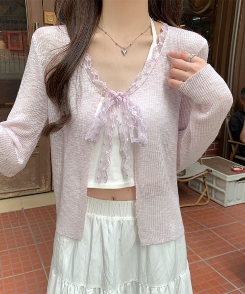 Ritzy(リッツィー)の「トッド柄レースリボンシアーニットカーディガン(カーディガン/ボレロ・レディース・ホワイト/ピンク/アイボリー/ミント・FREE)」の12枚目の写真