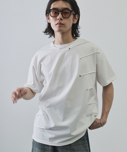Shoowtime(ショウタイム)の「Asymmetrical Snap Button Waffle T-Shirt / アシンメトリースナップボタンワッフルTシャツ(Tシャツ/カットソー・メンズ・ホワイト/ブラック・MEDIUM/LARGE/X-LARGE)」の1枚目の写真