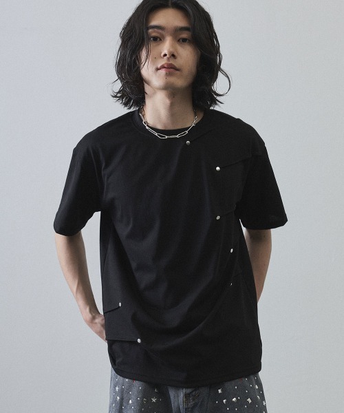 Shoowtime(ショウタイム)の「Asymmetrical Snap Button Waffle T-Shirt / アシンメトリースナップボタンワッフルTシャツ(Tシャツ/カットソー・メンズ・ホワイト/ブラック・MEDIUM/LARGE/X-LARGE)」の2枚目の写真