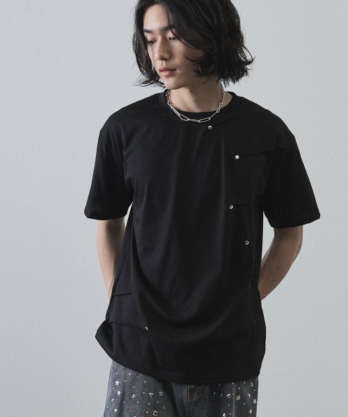 Shoowtime(ショウタイム)の「Asymmetrical Snap Button Waffle T-Shirt / アシンメトリースナップボタンワッフルTシャツ(Tシャツ/カットソー・メンズ・ホワイト/ブラック・MEDIUM/LARGE/X-LARGE)」の5枚目の写真