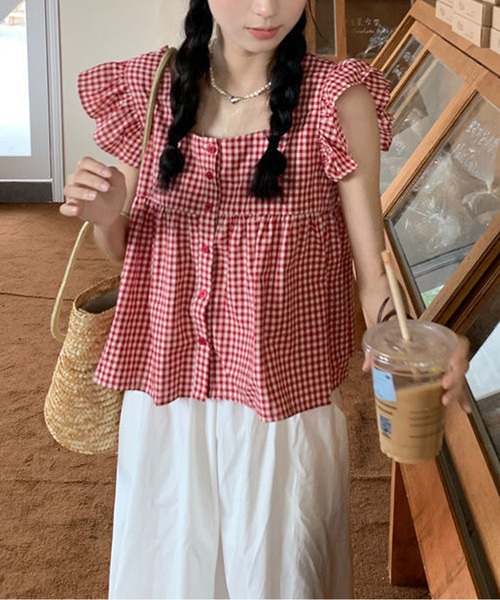 HALEY PESCA(ヘーリーペスカ)の「HALEY PESCA/ギンガムチェックスクエアネックフリルブラウス(シャツ/ブラウス・レディース・ブラック/レッド・FREE)」の10枚目の写真