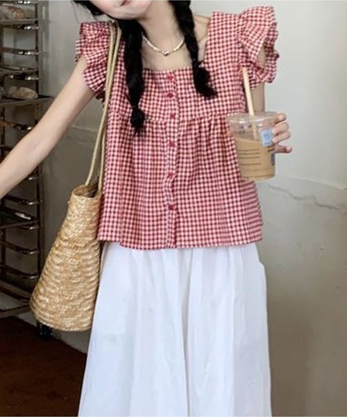 HALEY PESCA(ヘーリーペスカ)の「HALEY PESCA/ギンガムチェックスクエアネックフリルブラウス(シャツ/ブラウス・レディース・ブラック/レッド・FREE)」の5枚目の写真