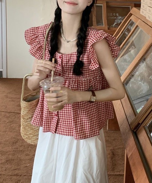 HALEY PESCA(ヘーリーペスカ)の「HALEY PESCA/ギンガムチェックスクエアネックフリルブラウス(シャツ/ブラウス・レディース・ブラック/レッド・FREE)」の6枚目の写真